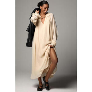 Anthropologie Long-Sleeve Sheer Pleated Midi Dress in Sheer